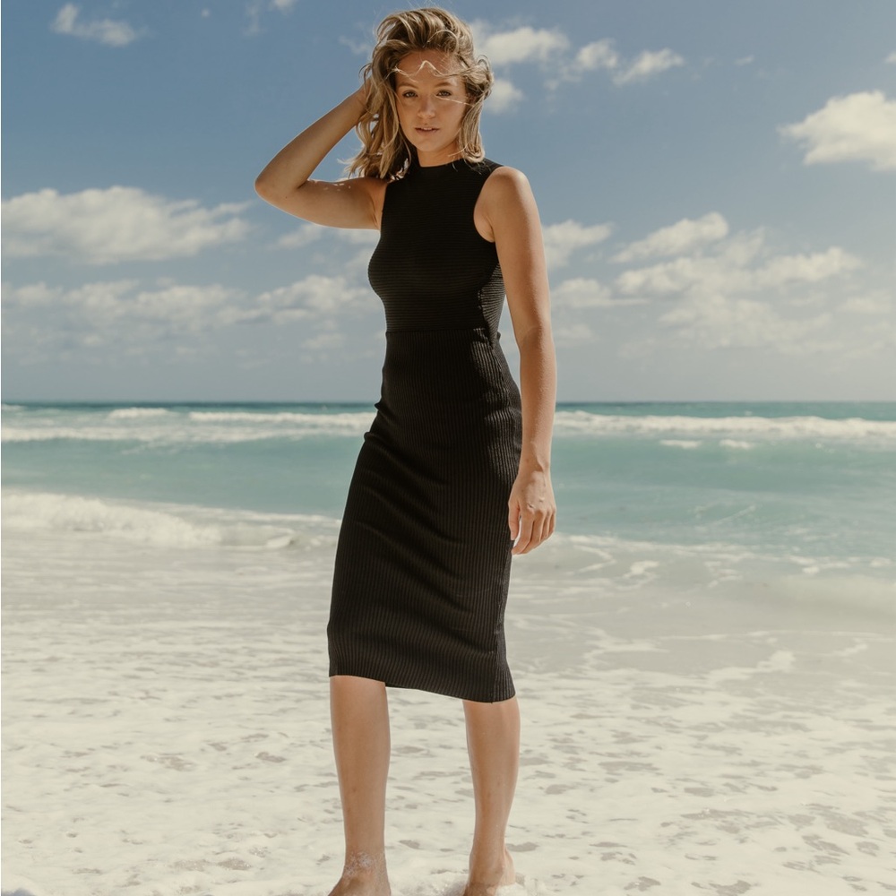 25. NOT FOR SALE Olivaceous Bow Tie Back Cut Out Ribbed Dress - Black